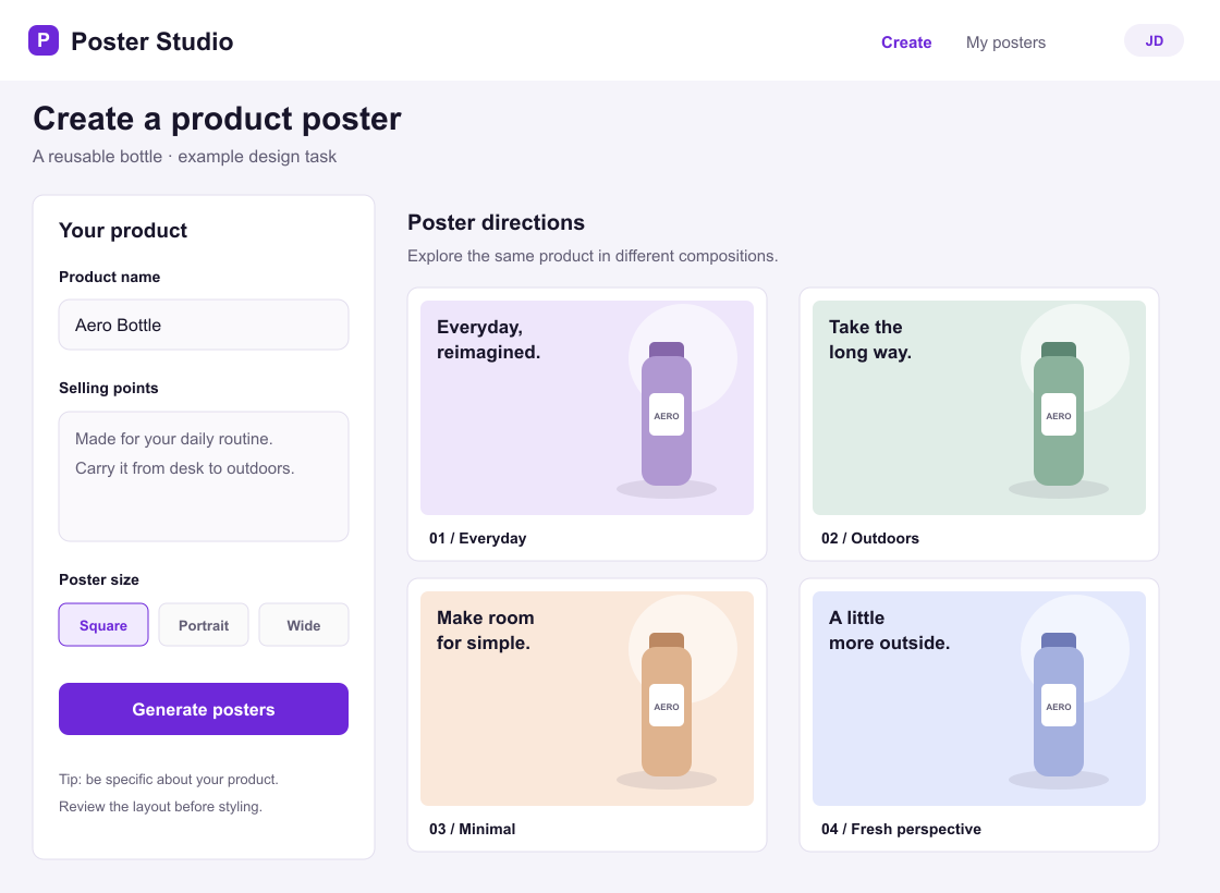 Design SVG dello stesso strumento con controlli viola e poster di prodotti in bottiglia