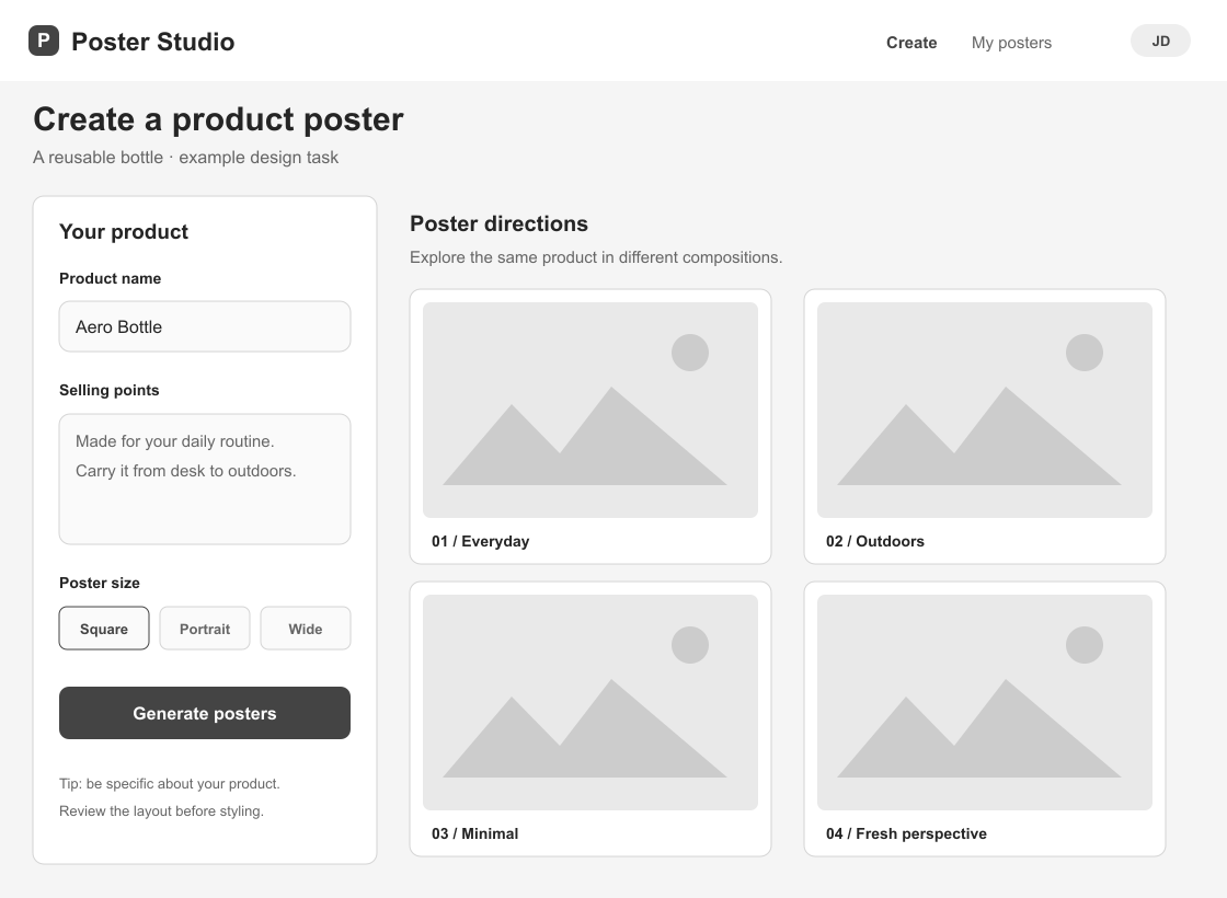 Wireframe SVG con campi prodotto, dimensioni, azione principale e quattro risultati