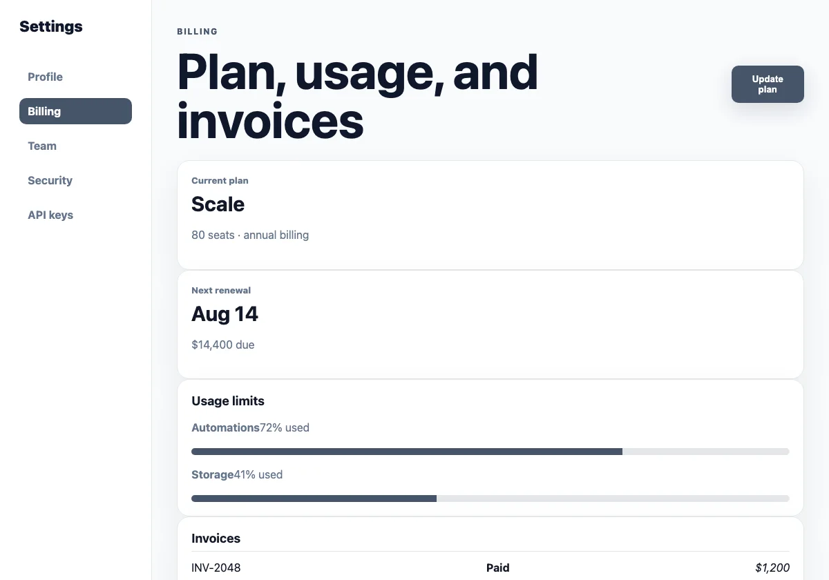 Billing and Team Settings preview